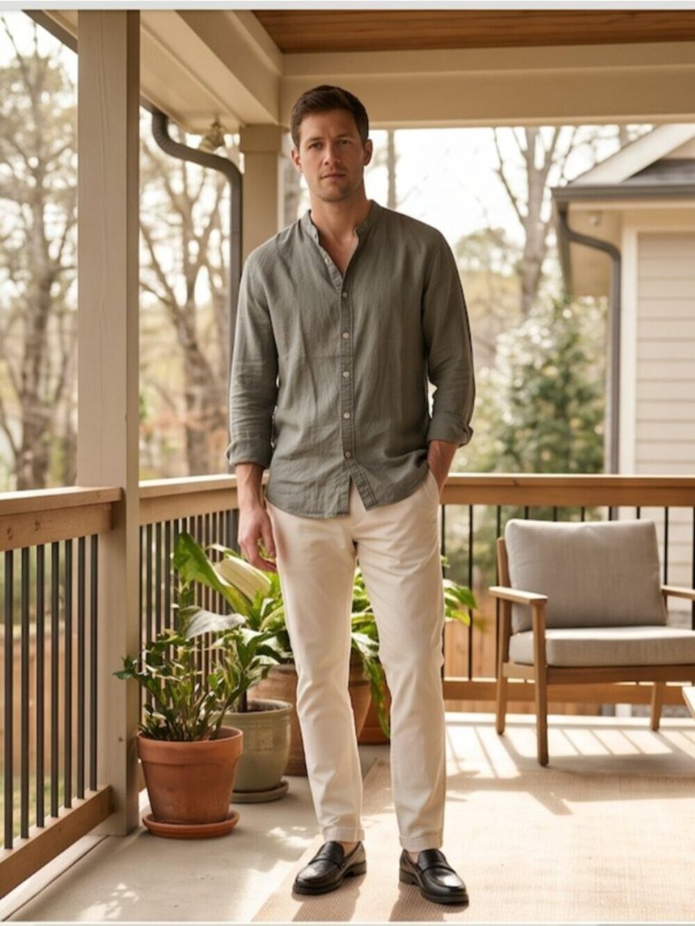 CLUB MONACO Men's Slim Fit 100% Linen Band Collar Shirt | Sage Green Long Sleeve